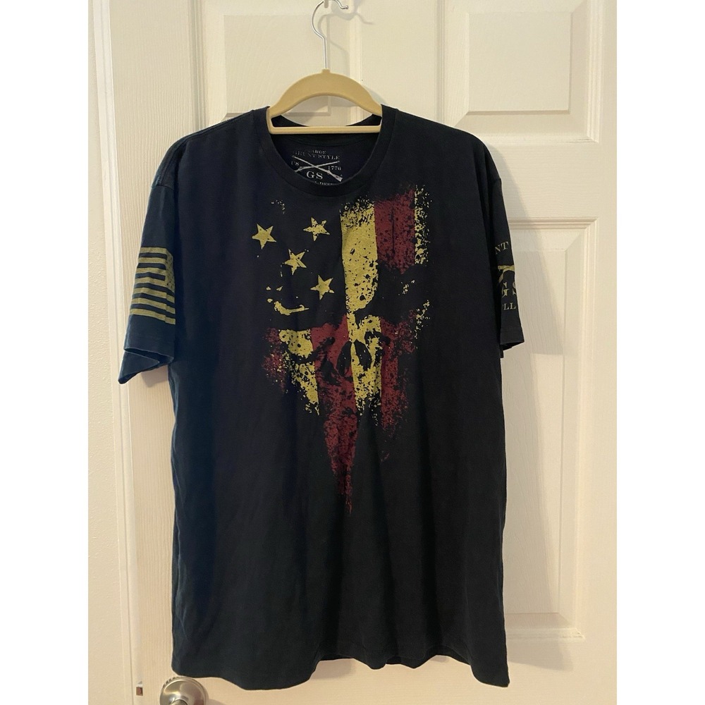 Grunt Mens T shirt Skull USA Flag Size Large Black Cotton Short Sleeve D1